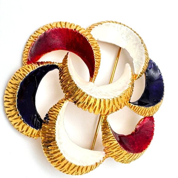 Gold-Tone Red White & Blue Brooch Pin Enamel Crescent Design Vintage - Picture 6 of 6
